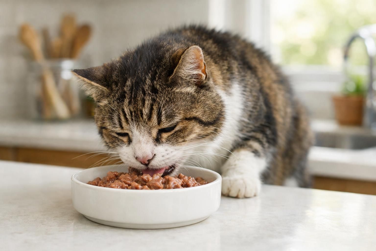 Chat âgé dégustant sa pâtée tendre dans une cuisine lumineuse