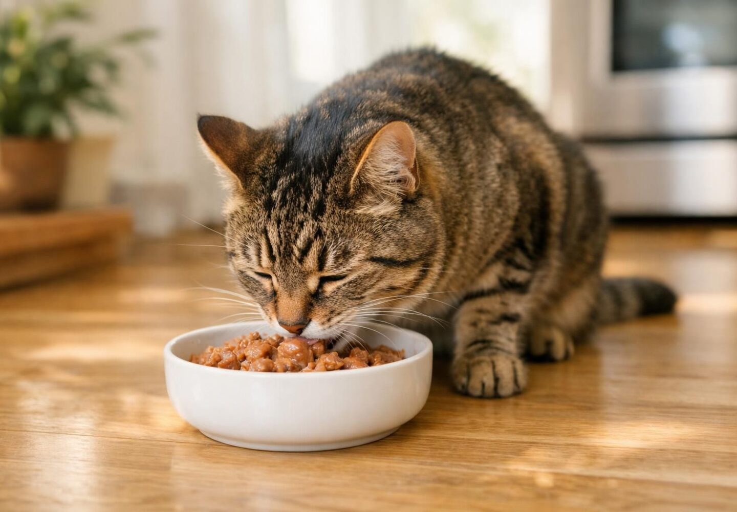 Chat adulte en bonne santé mangeant de la pâtée dans sa gamelle