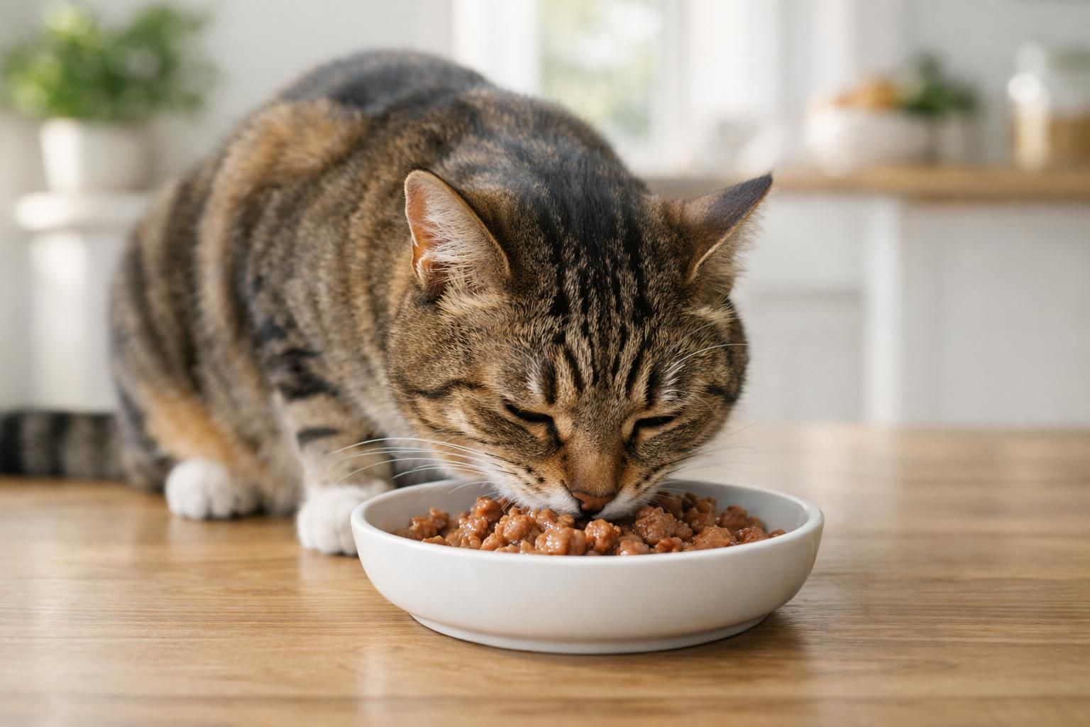 Chat stérilisé dégustant sa pâtée humide dans une cuisine lumineuse