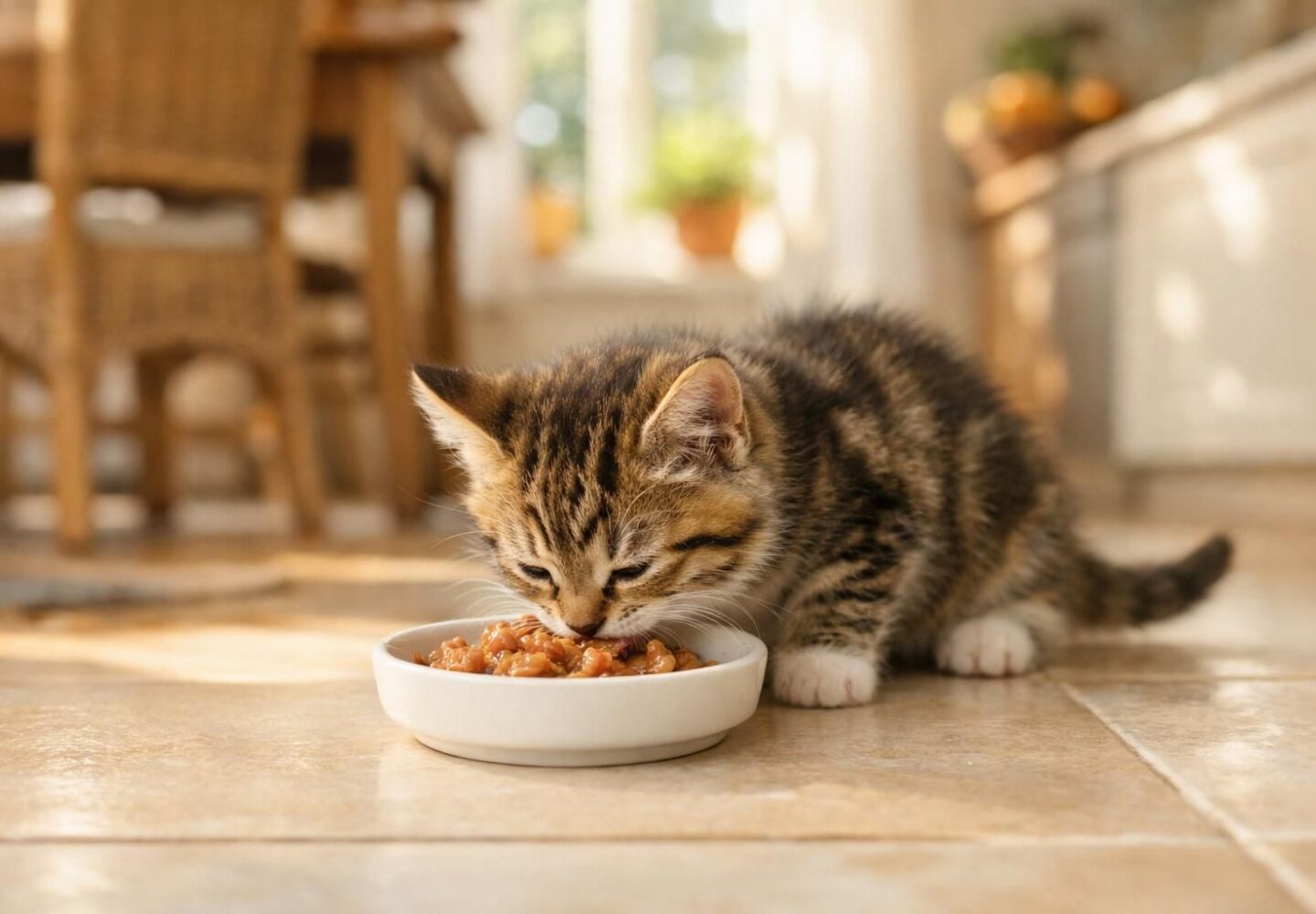 Chaton en bonne santé mangeant sa nourriture humide dans sa gamelle