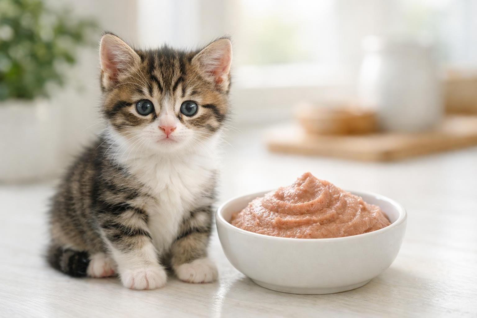Chaton près de sa pâtée en mousse dans une cuisine lumineuse