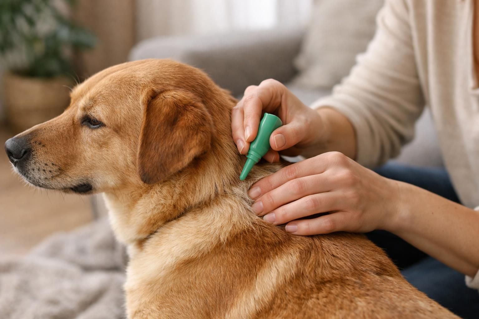 Application d'un antiparasitaire en pipette sur un chien pour prévenir les tiques