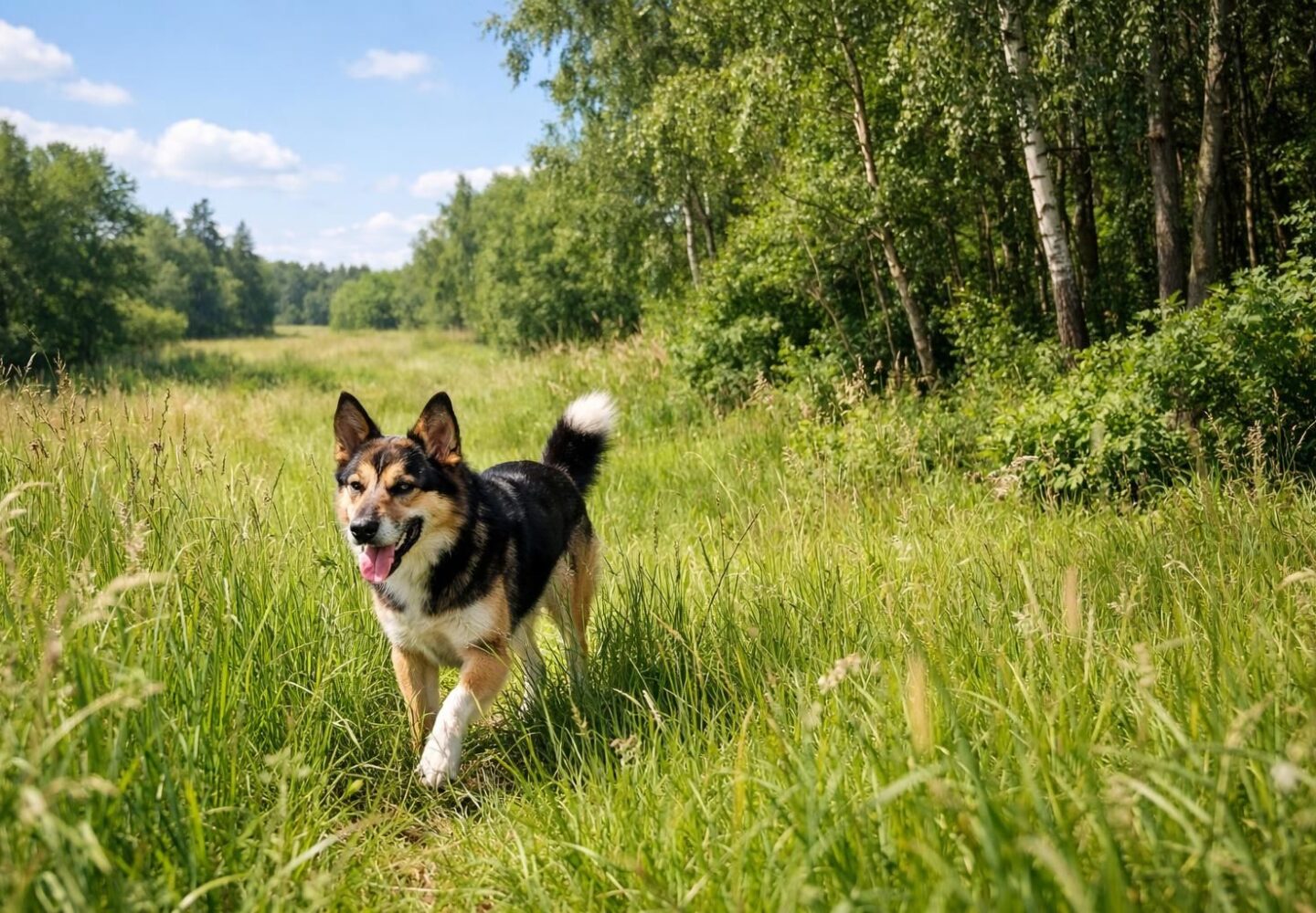 Chien en bonne santé en promenade dans les hautes herbes, zone à tiques