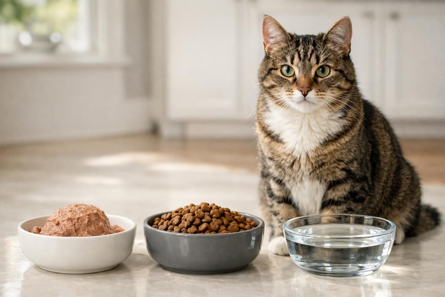 Chat devant deux gamelles séparées de pâtée et de croquettes et de l'eau