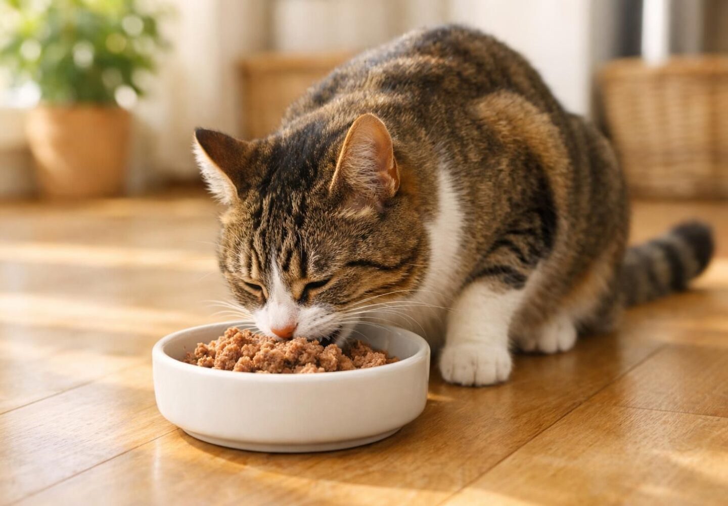 Chat en bonne santé mangeant sa pâtée dans une gamelle propre