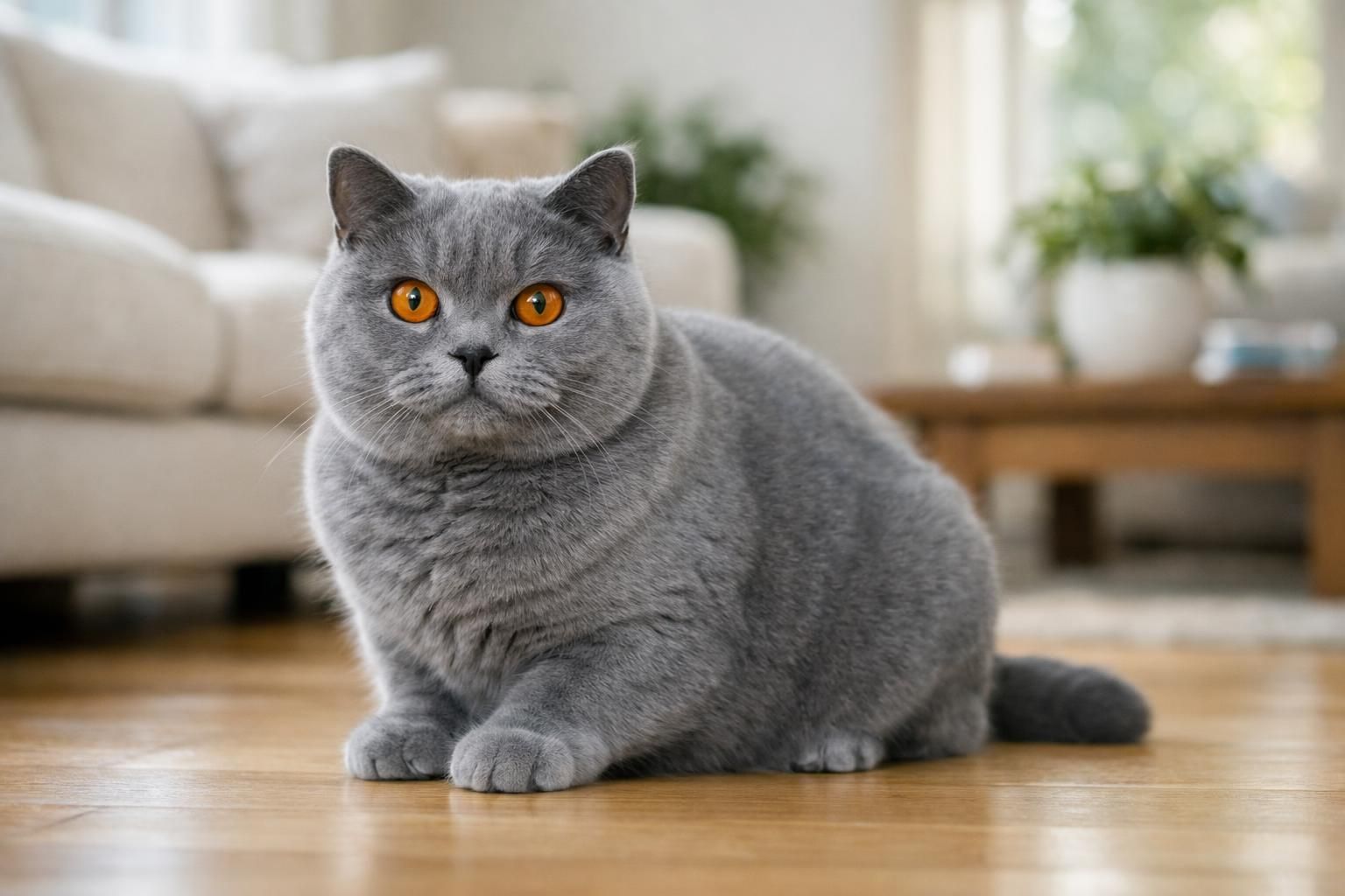 British Shorthair gris-bleu au visage rond et aux yeux cuivrés