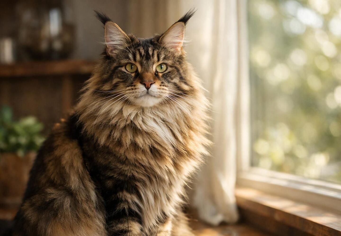 Maine Coon majestueux près d'une fenêtre, race de chat populaire