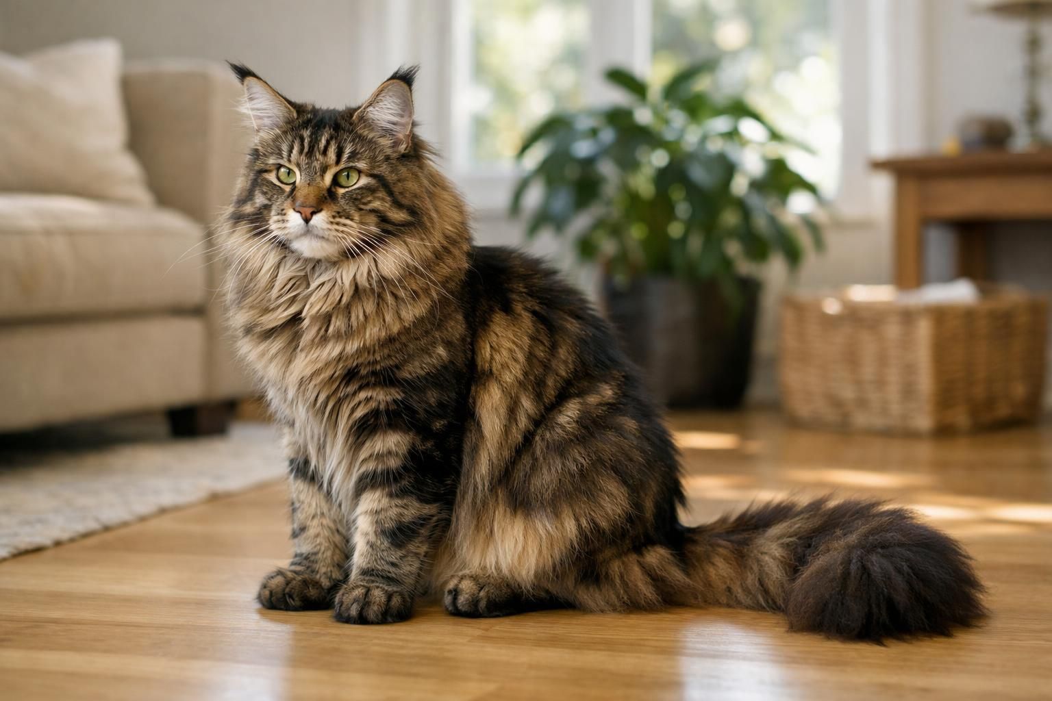 Chat Maine Coon brun tabby au long pelage et aux oreilles à plumets