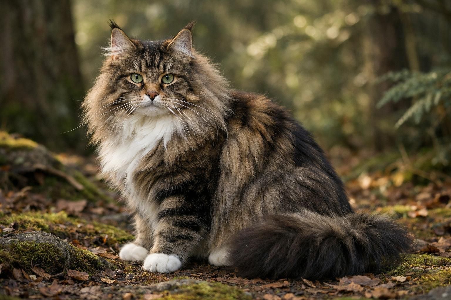 Chat des forêts norvégiennes au long pelage double en forêt