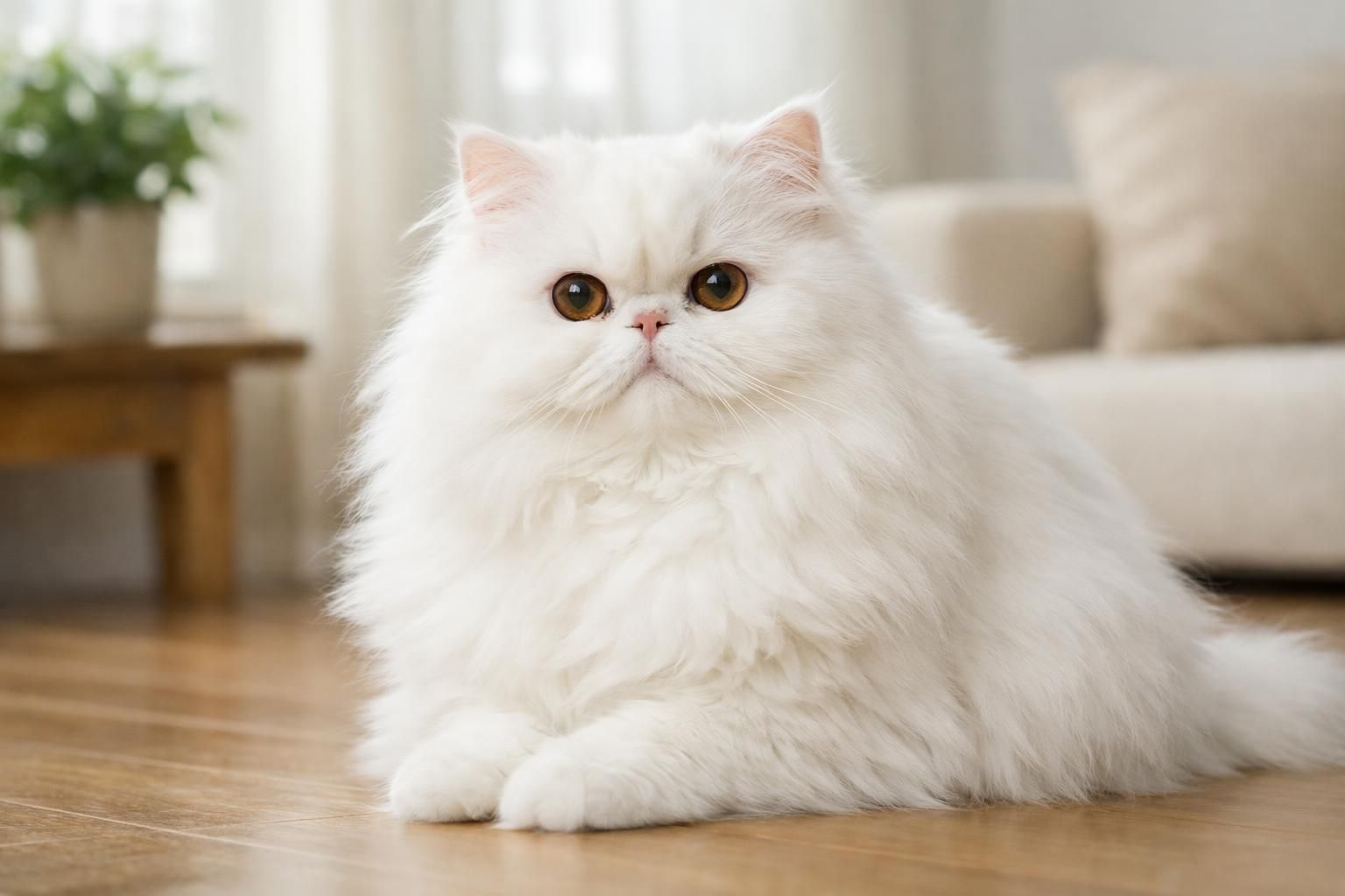 Chat Persan blanc au long pelage et au visage plat