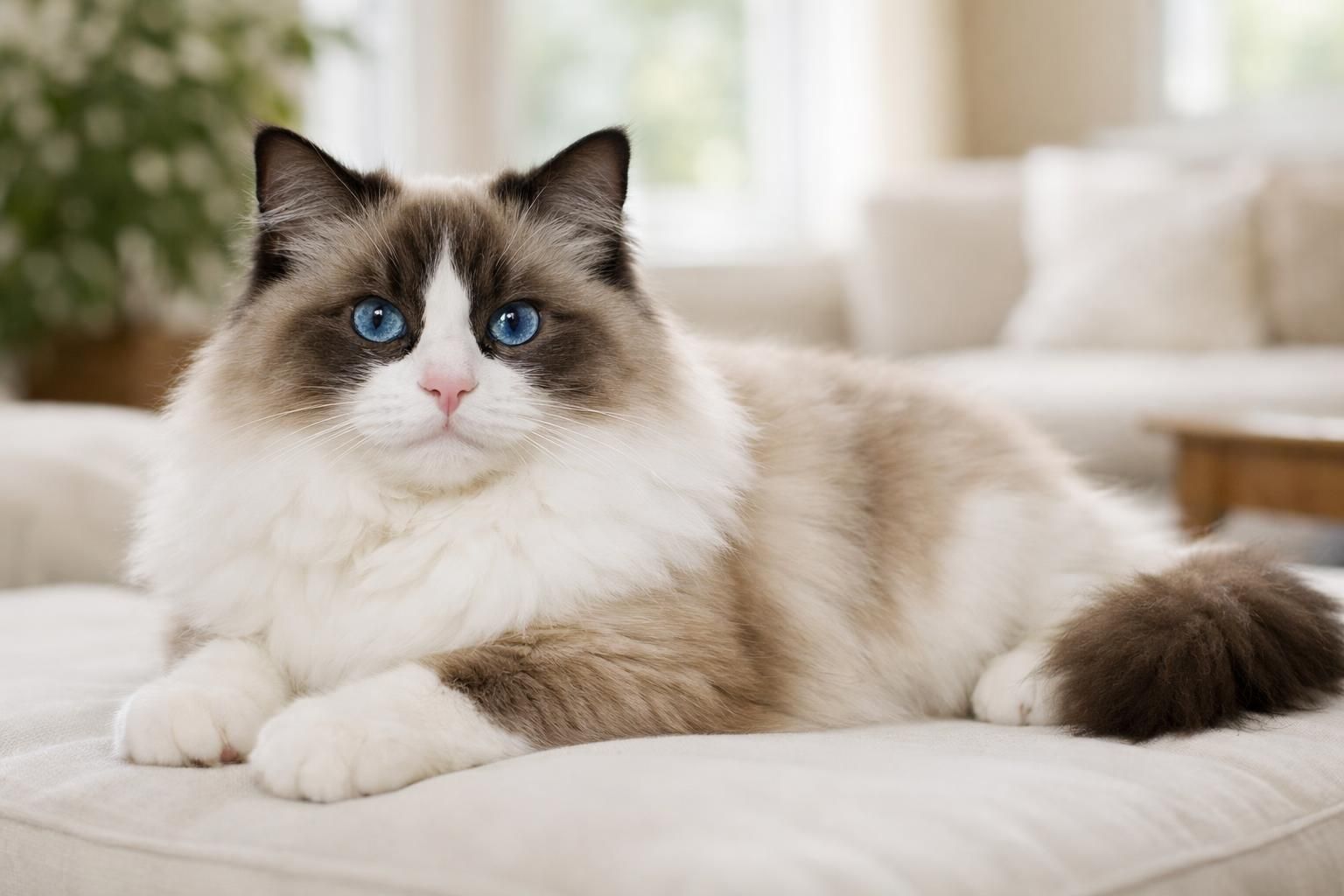 Chat Ragdoll au pelage colorpoint soyeux et aux yeux bleus