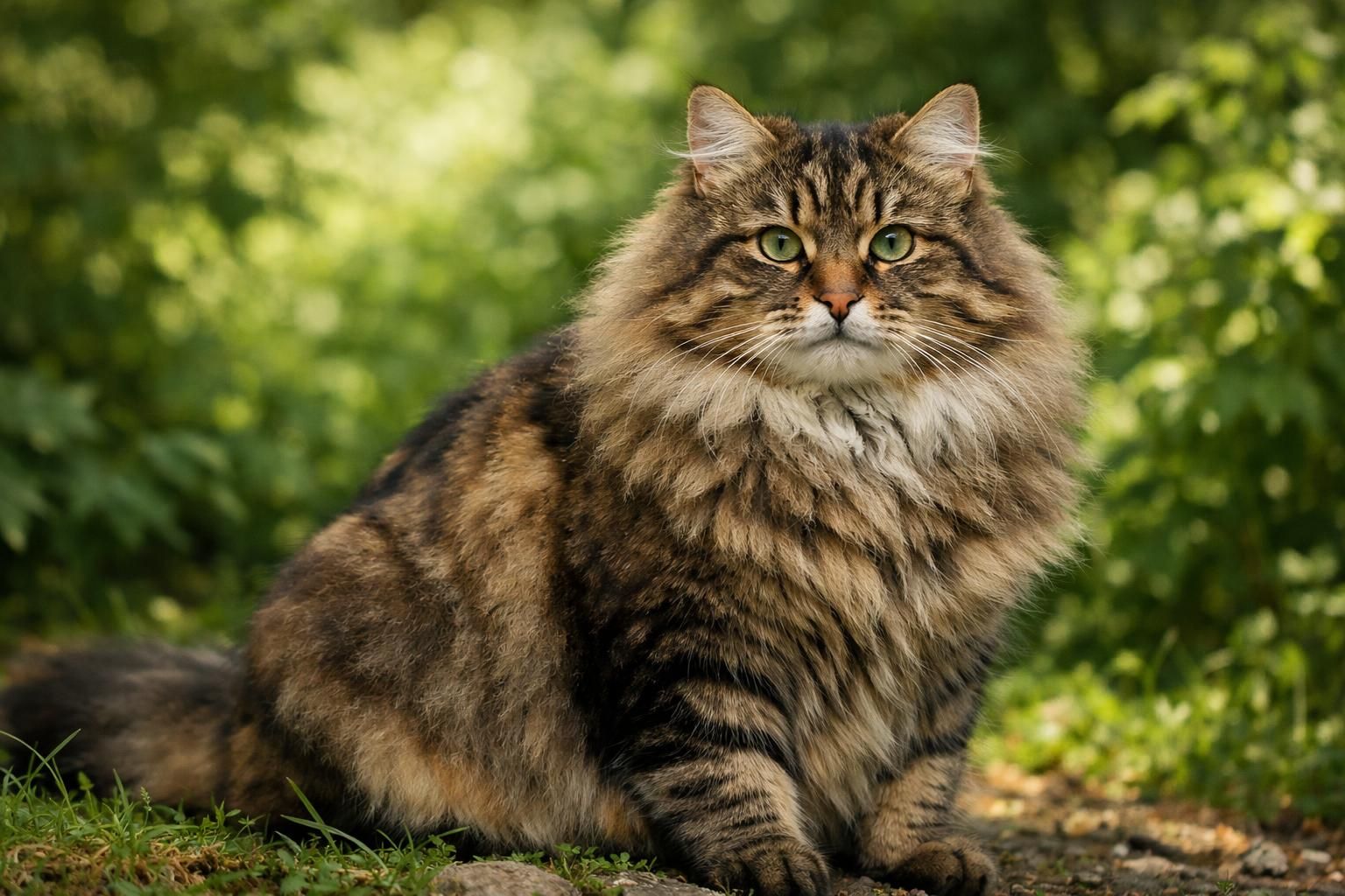 Chat Sibérien au pelage épais brun tabby en extérieur