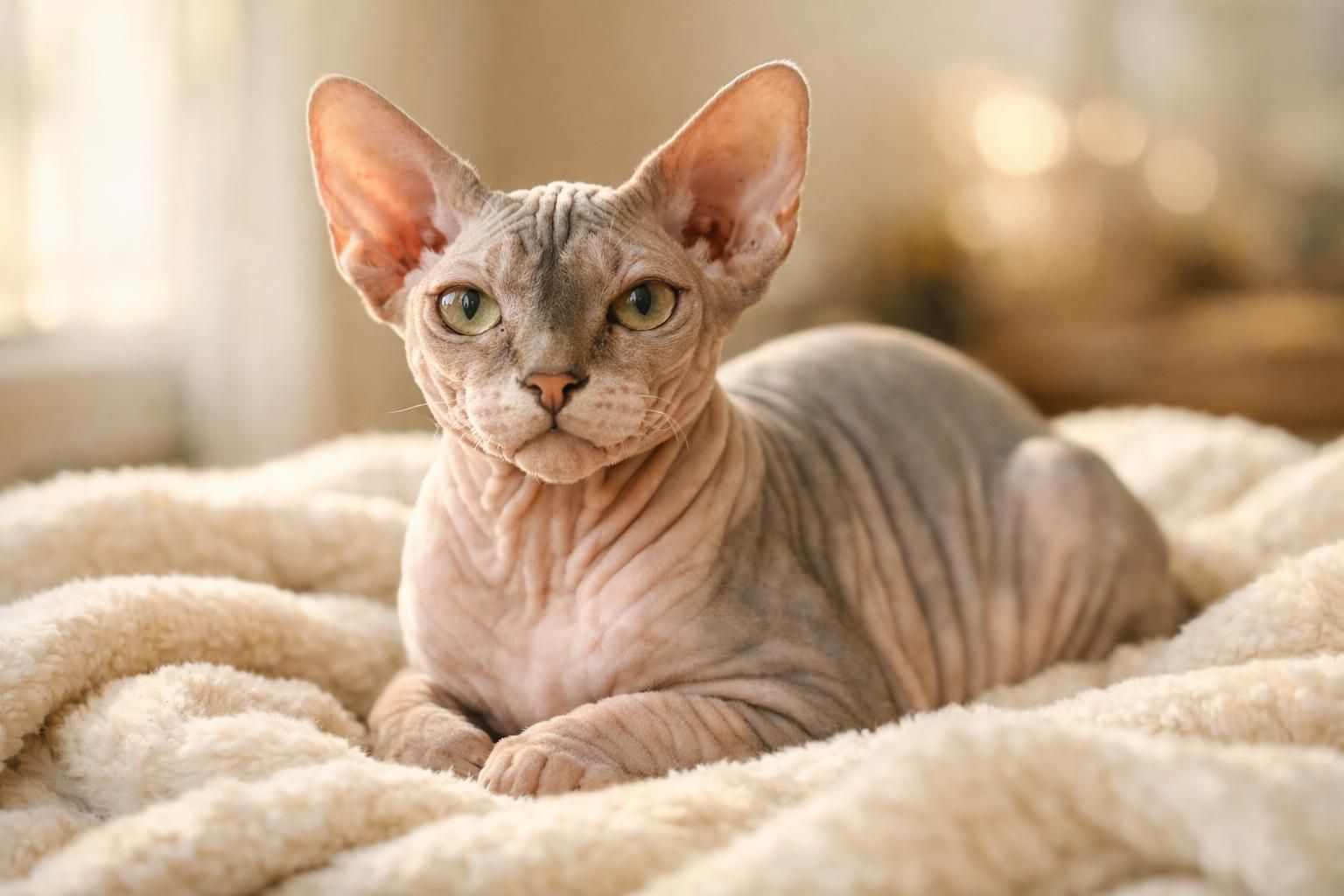 Chat Sphynx sans poils à la peau plissée et aux grandes oreilles