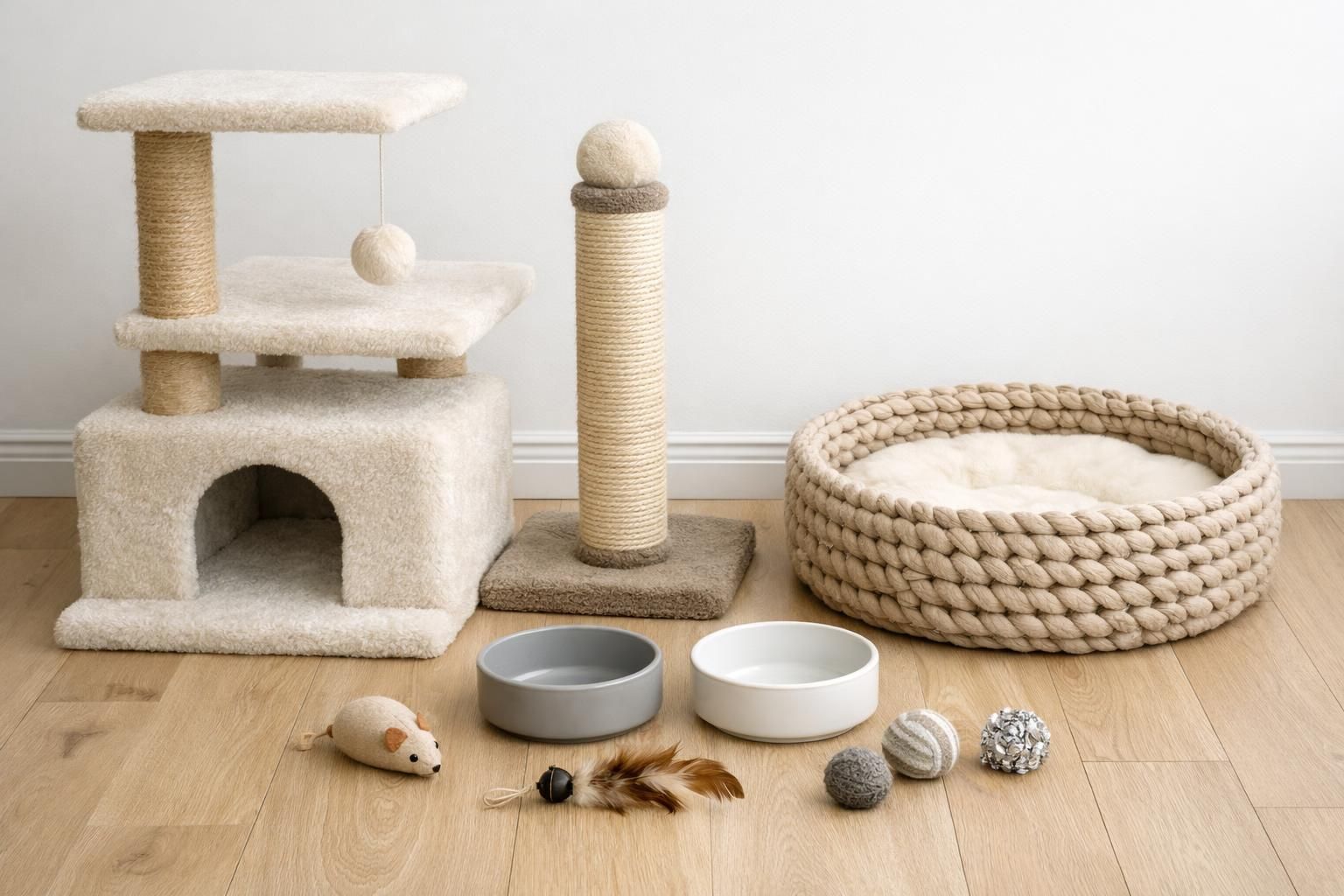 Matériel d'accueil pour chat : arbre à chat, griffoir, gamelles, panier