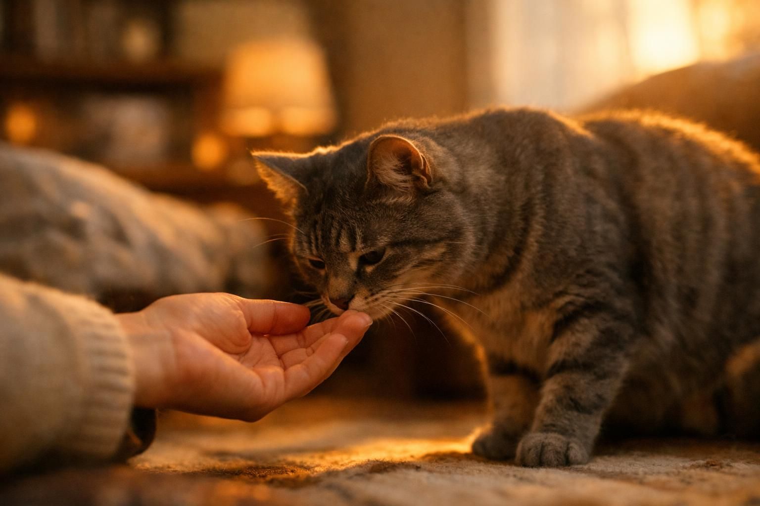 Main tendue vers un chat adulte craintif pour créer la confiance