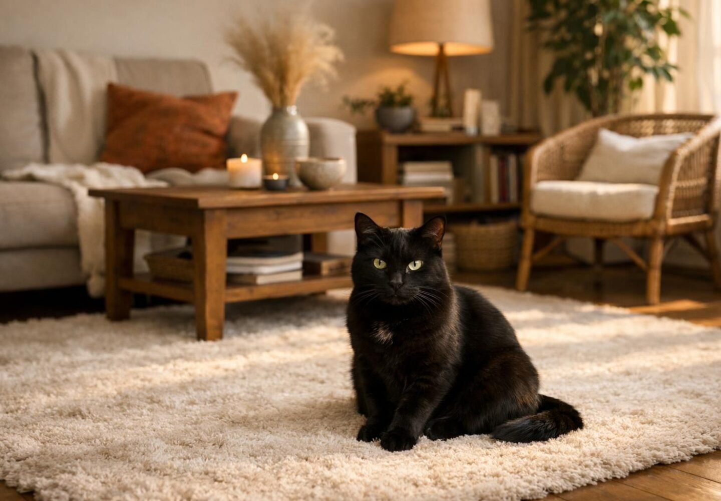 Chat adulte noir installé et détendu dans un salon accueillant