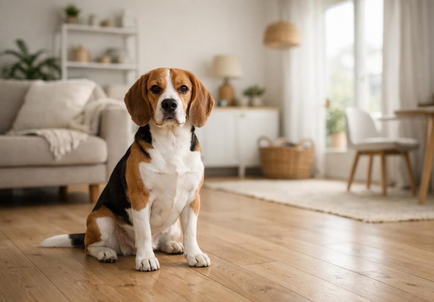 Chien beagle en bonne santé attentif dans un salon lumineux