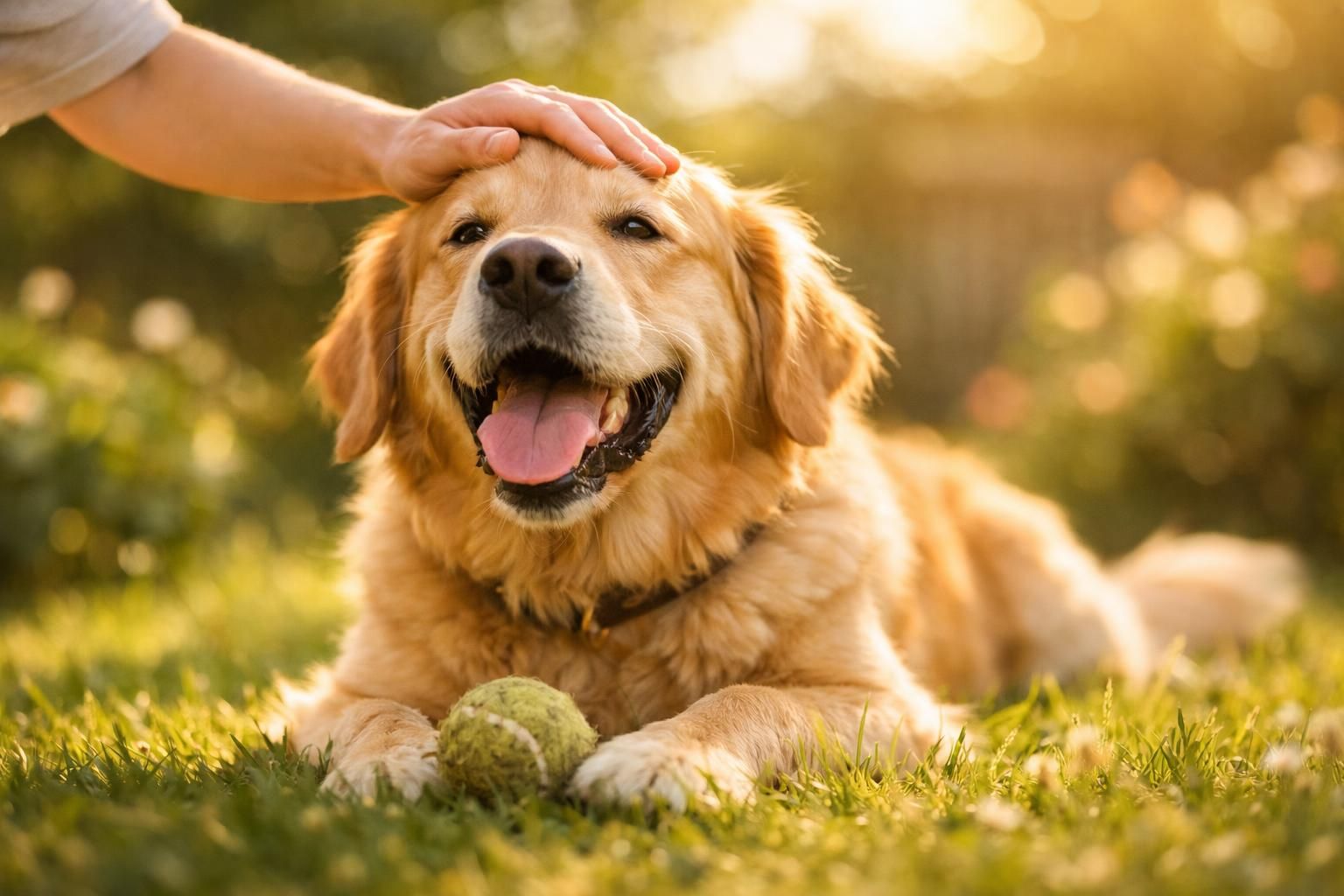 Golden retriever en bonne santé et heureux dans un jardin ensoleillé