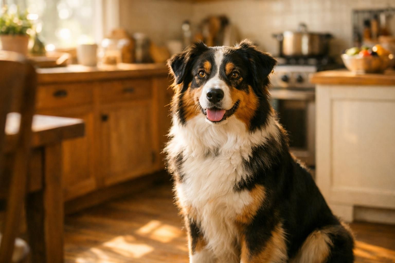 Berger australien en bonne santé attentif dans une cuisine lumineuse