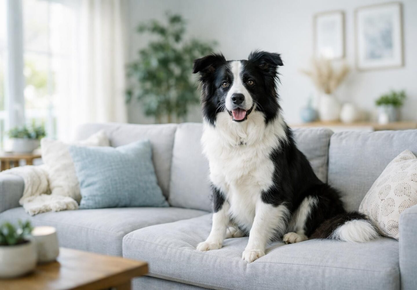 Chien border collie en bonne santé attentif dans un salon lumineux