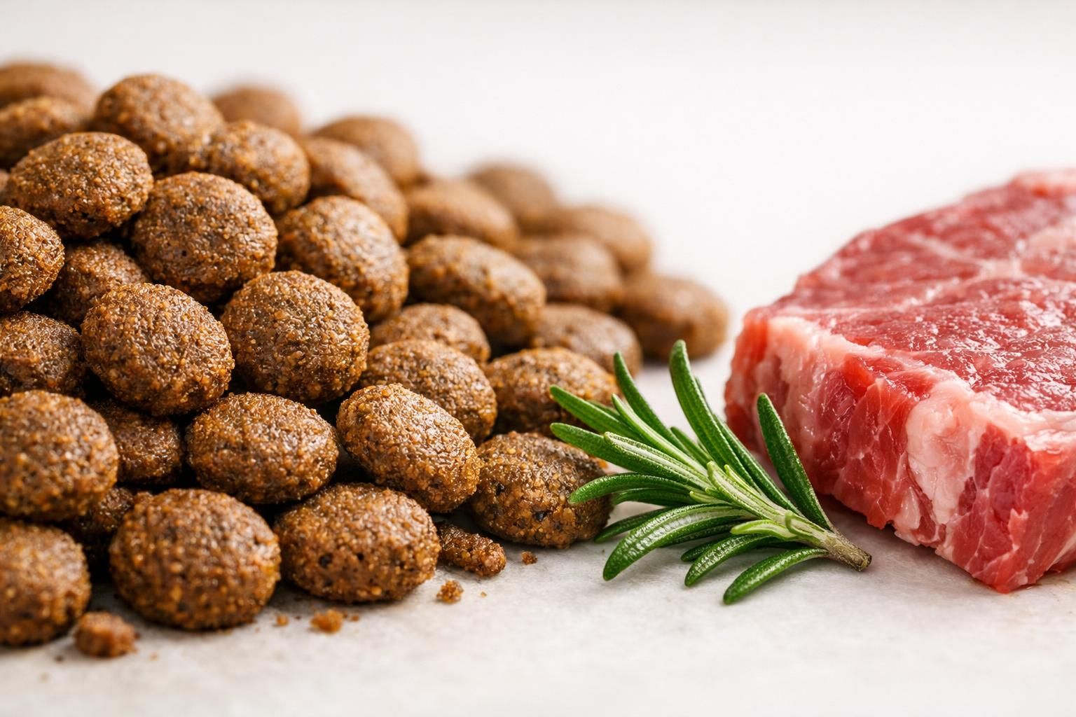 Gros plan de croquettes pour chien avec romarin et viande fraîche