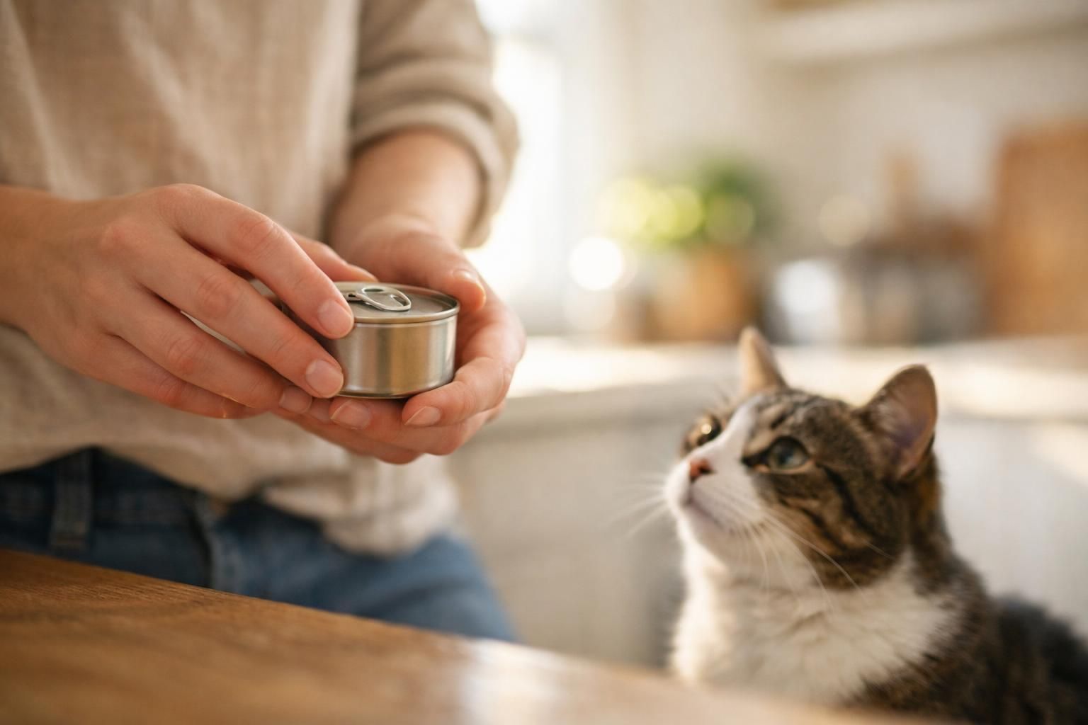 Personne lisant l'étiquette d'une boîte de pâtée près de son chat