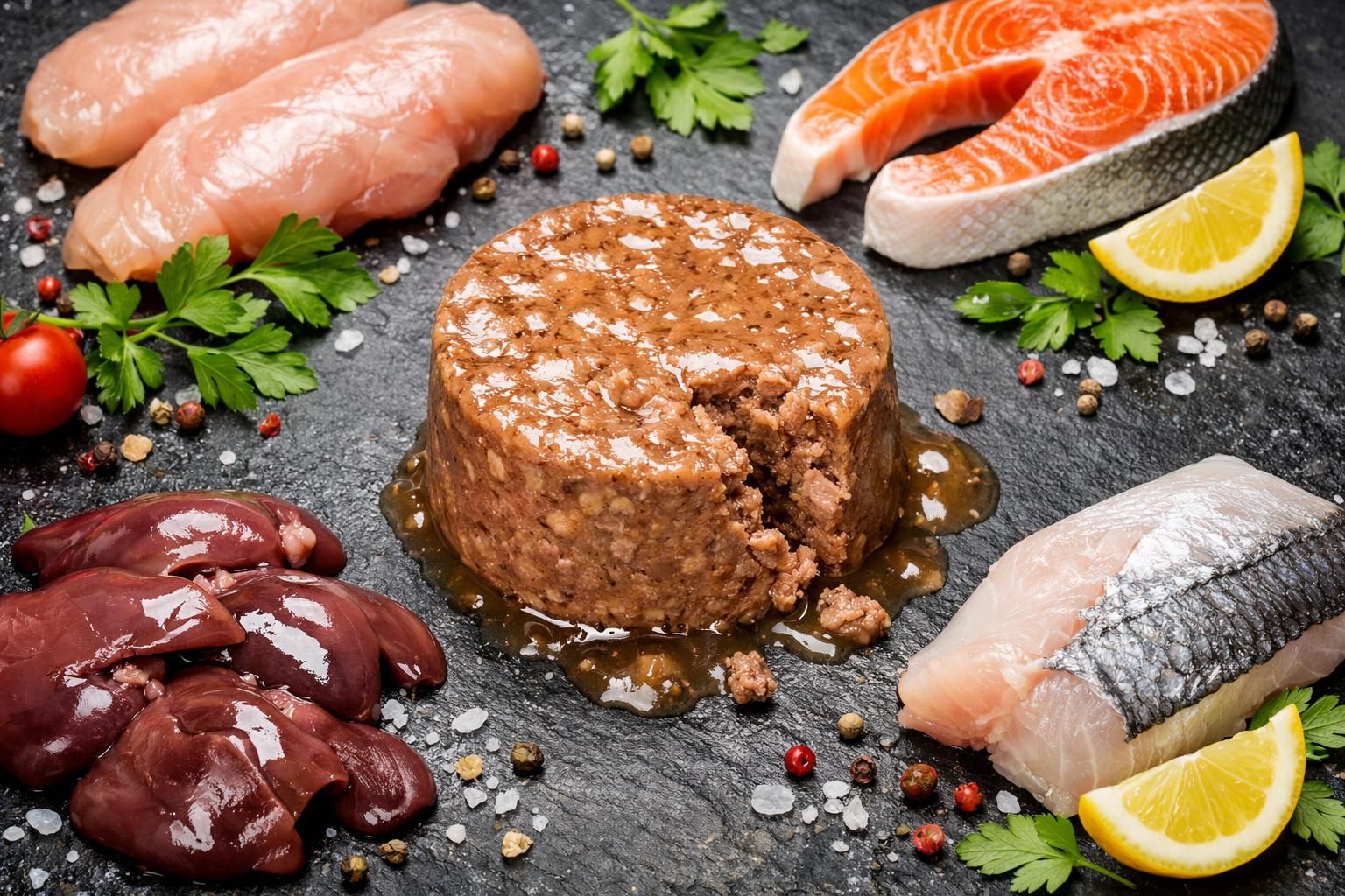 Pâtée pour chat entourée d'ingrédients frais : poulet, poisson, foie