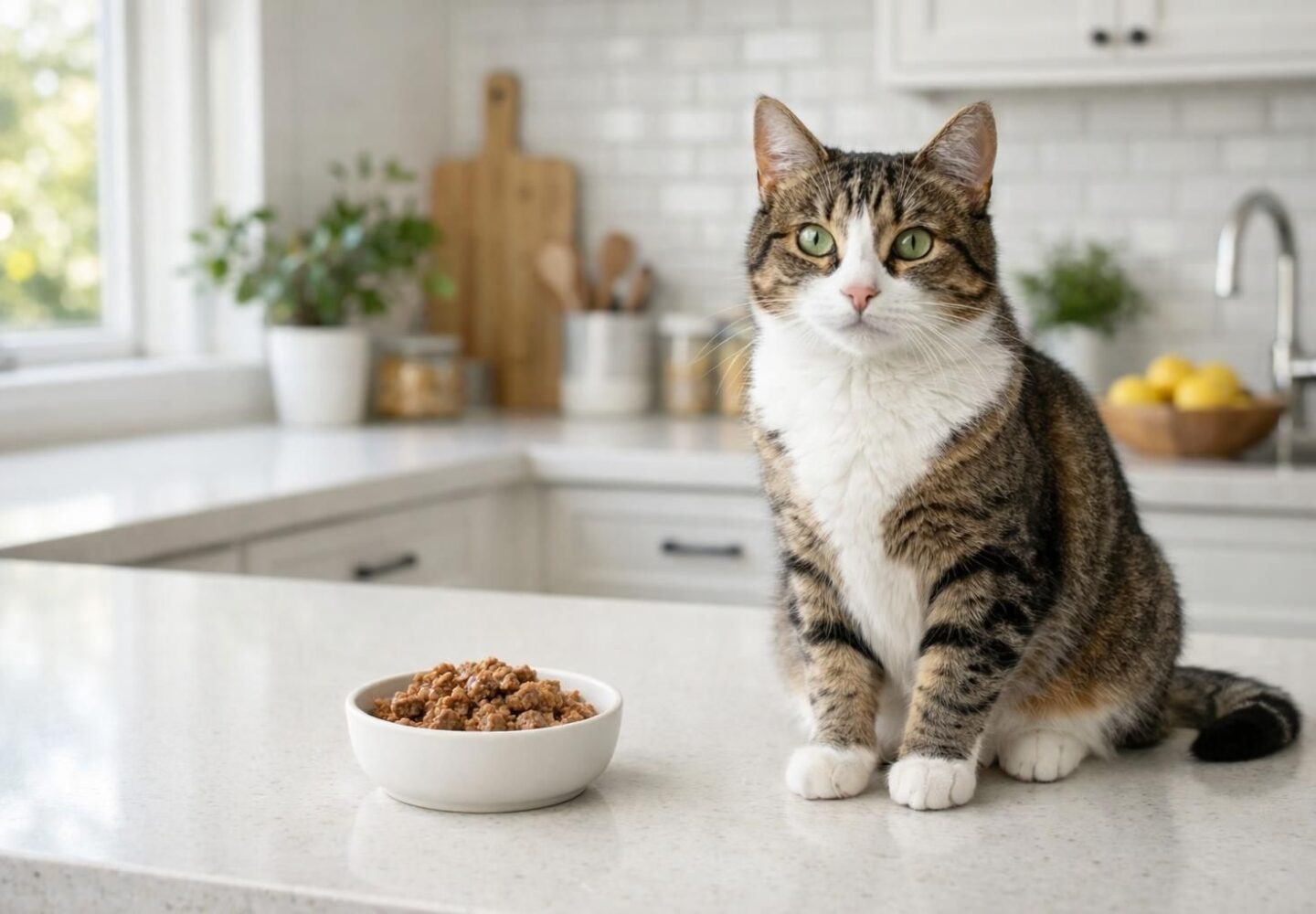 Chat attentif à côté d'une gamelle de pâtée sur un plan de travail
