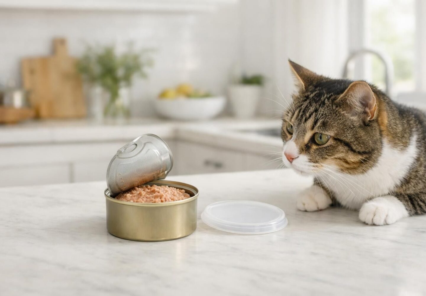 Boîte de pâtée pour chat ouverte avec couvercle sur un plan de travail