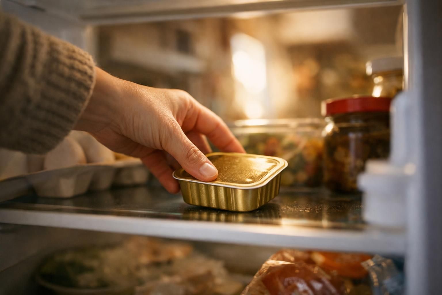 Main rangeant une boîte hermétique de pâtée au réfrigérateur