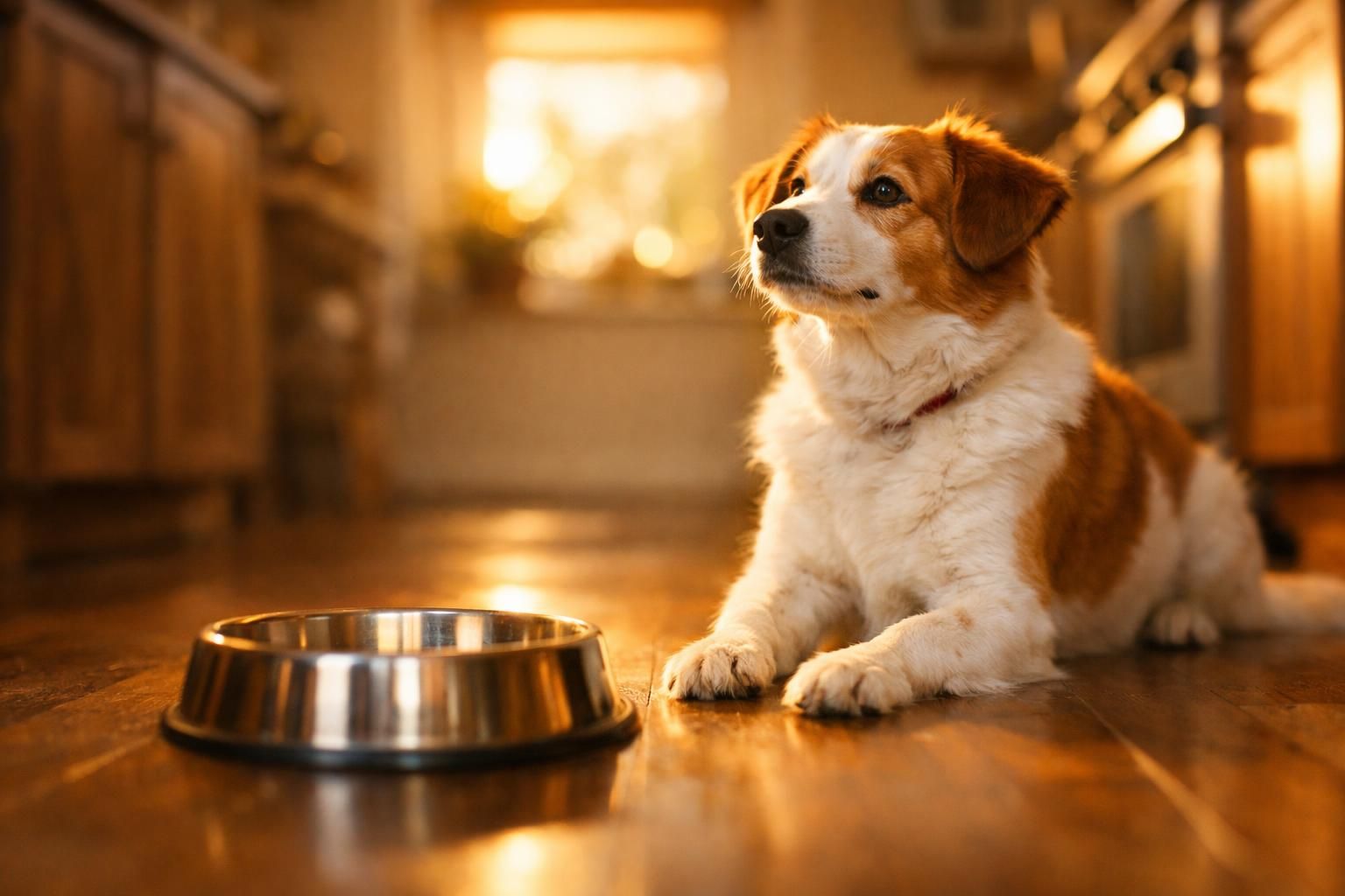 Chien roux et blanc attendant sagement à côté de sa gamelle