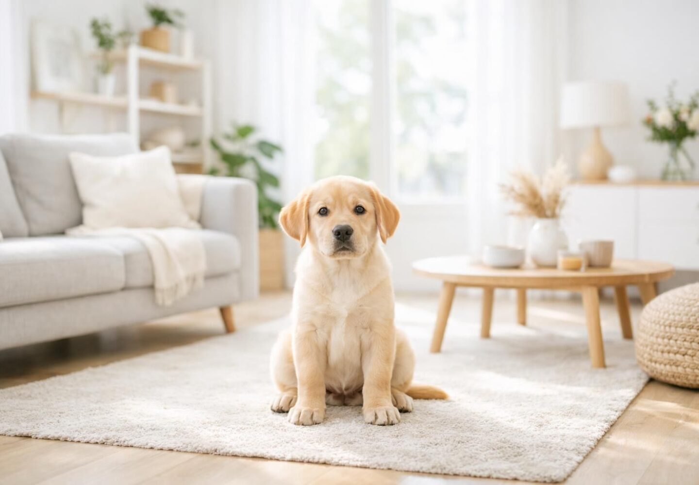 Chiot labrador en bonne santé assis dans un salon lumineux