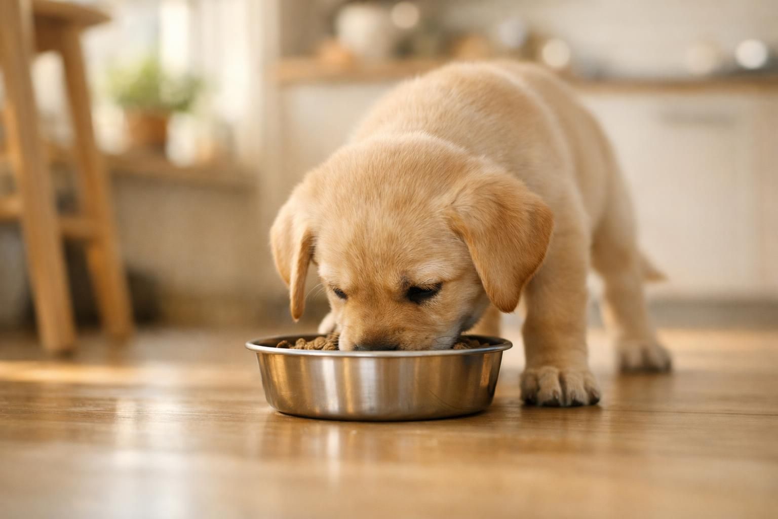 Chiot labrador mangeant ses croquettes dans sa gamelle