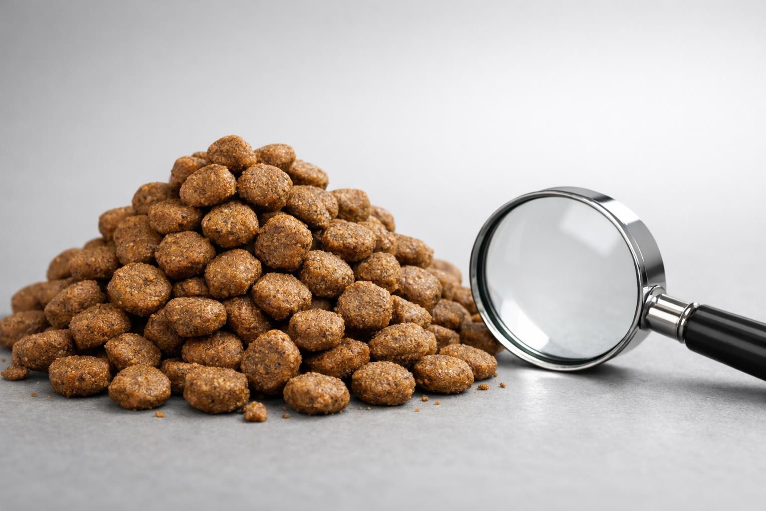 Croquettes pour chien analysées à la loupe sur fond neutre