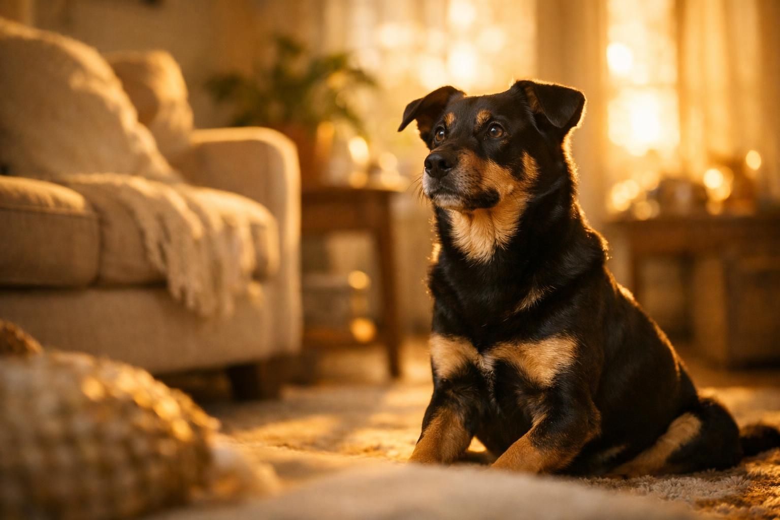 Chien noir et feu au poil brillant en bonne santé dans un salon