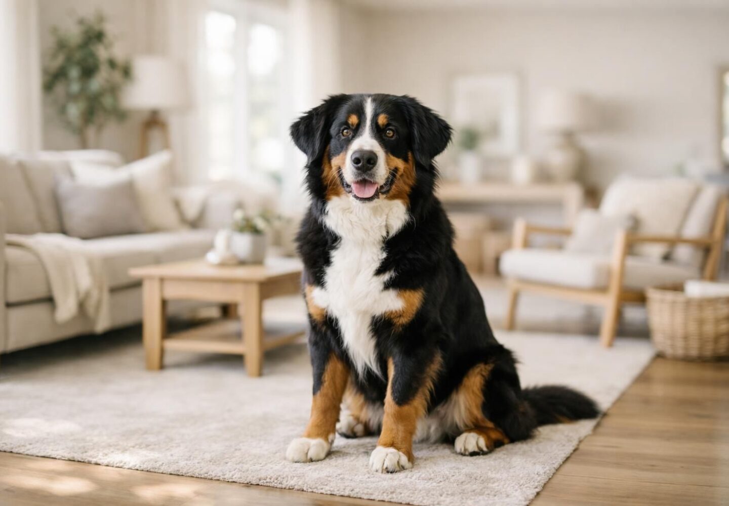 Chien noir et feu en bonne santé attentif dans un salon lumineux