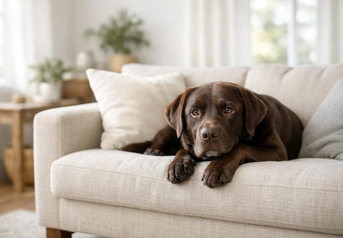Chien adulte en bonne santé installé sur un canapé dans un salon lumineux