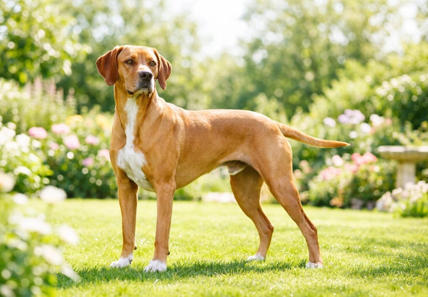 Chien fauve en bonne santé au poil brillant dans un jardin ensoleillé