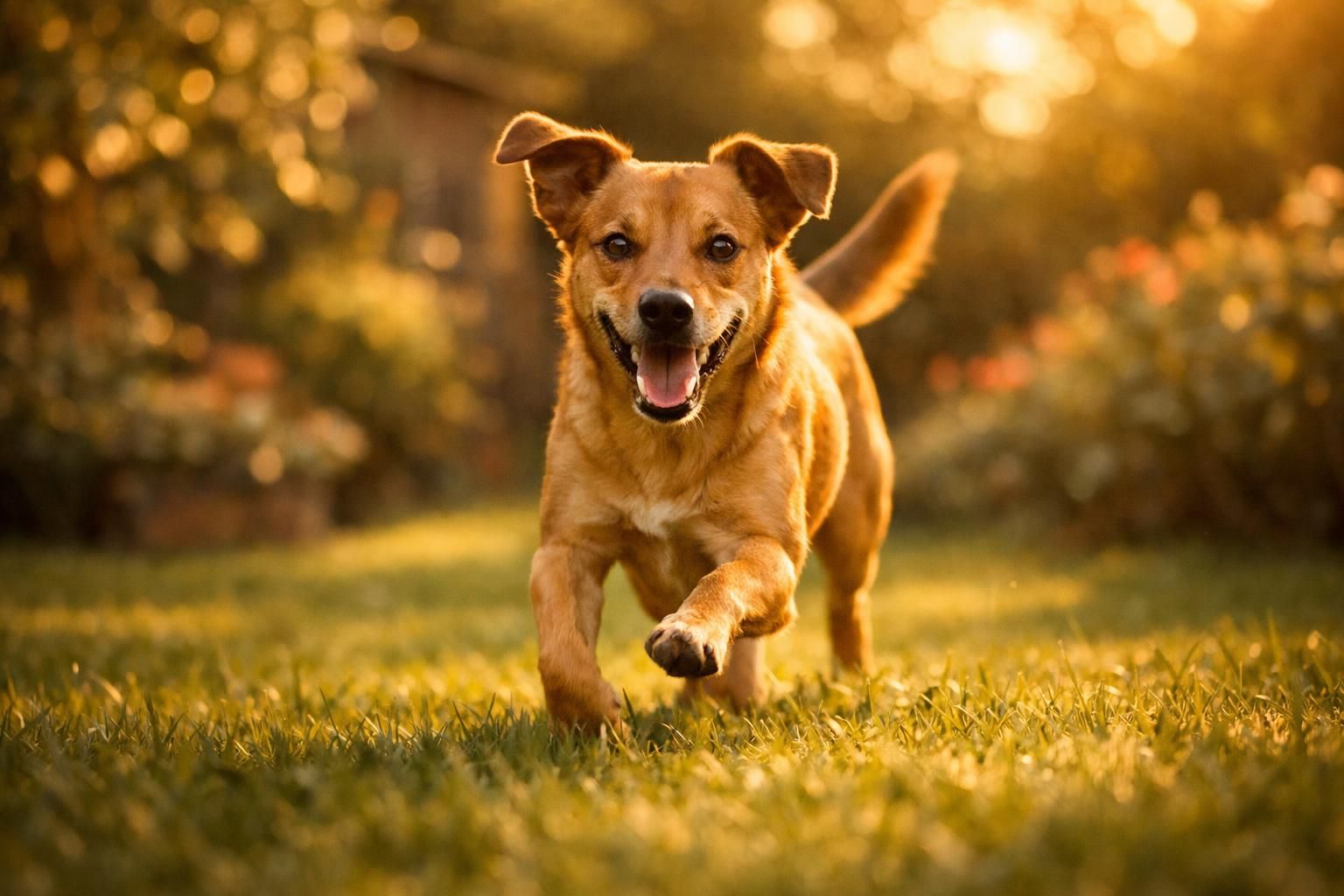 Chien plein de vitalité au poil brillant courant dans l'herbe