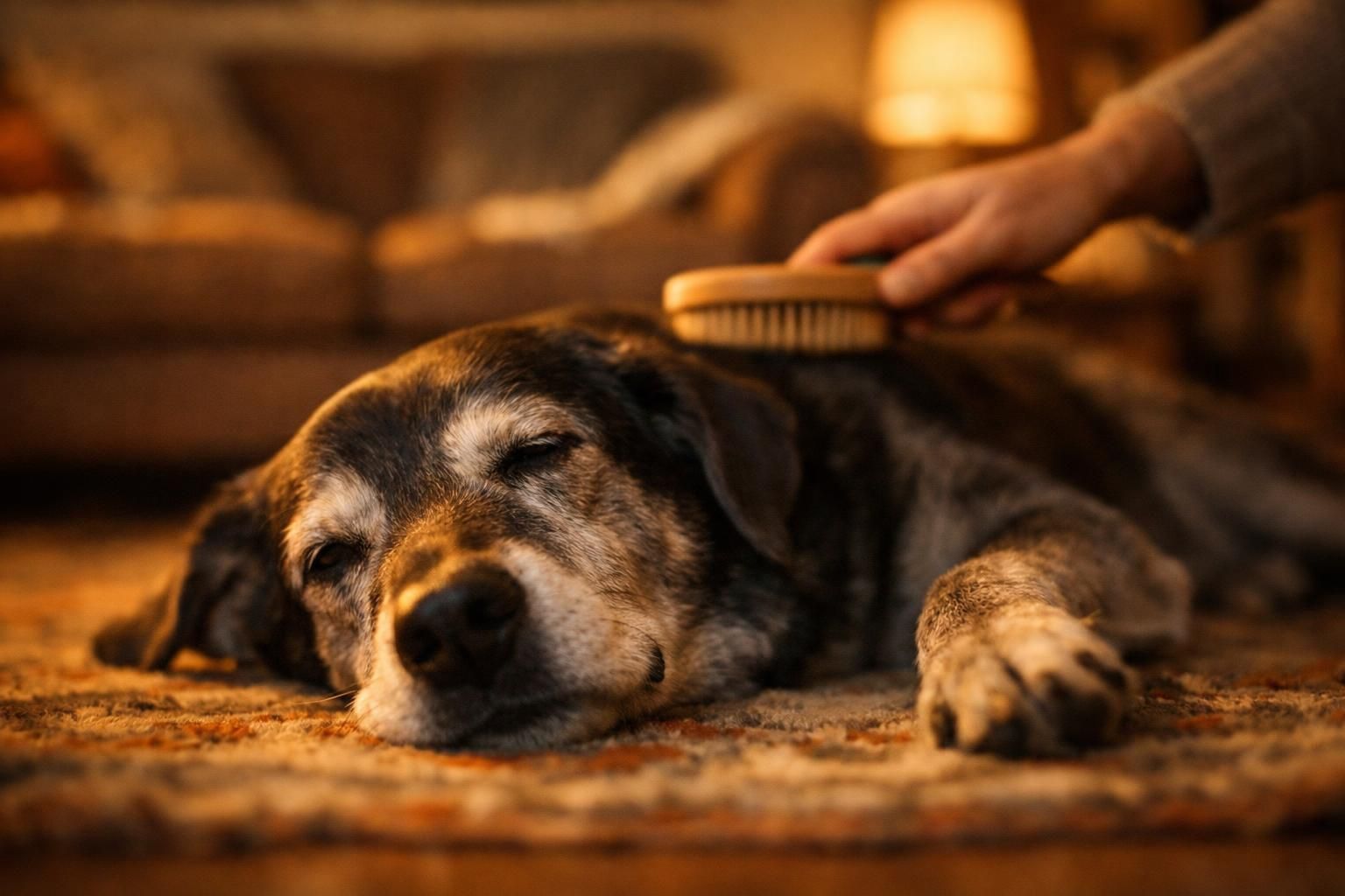 Vieux chien détendu que l'on brosse doucement dans le salon