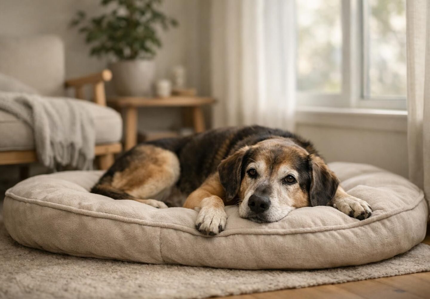 Chien senior au museau grisonnant reposant paisiblement sur son couchage