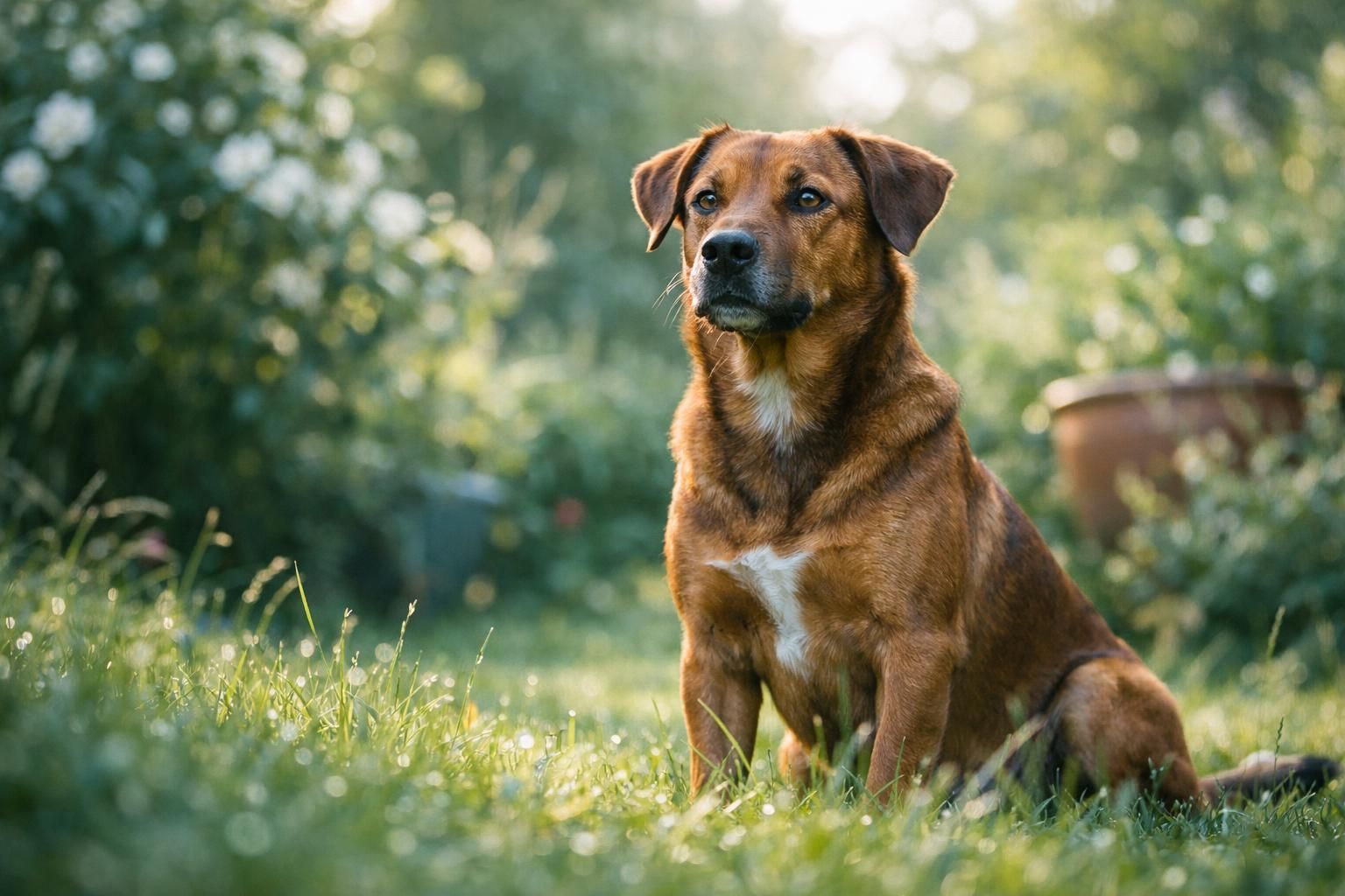 Chien brun en bonne santé au poil brillant dans un jardin ensoleillé