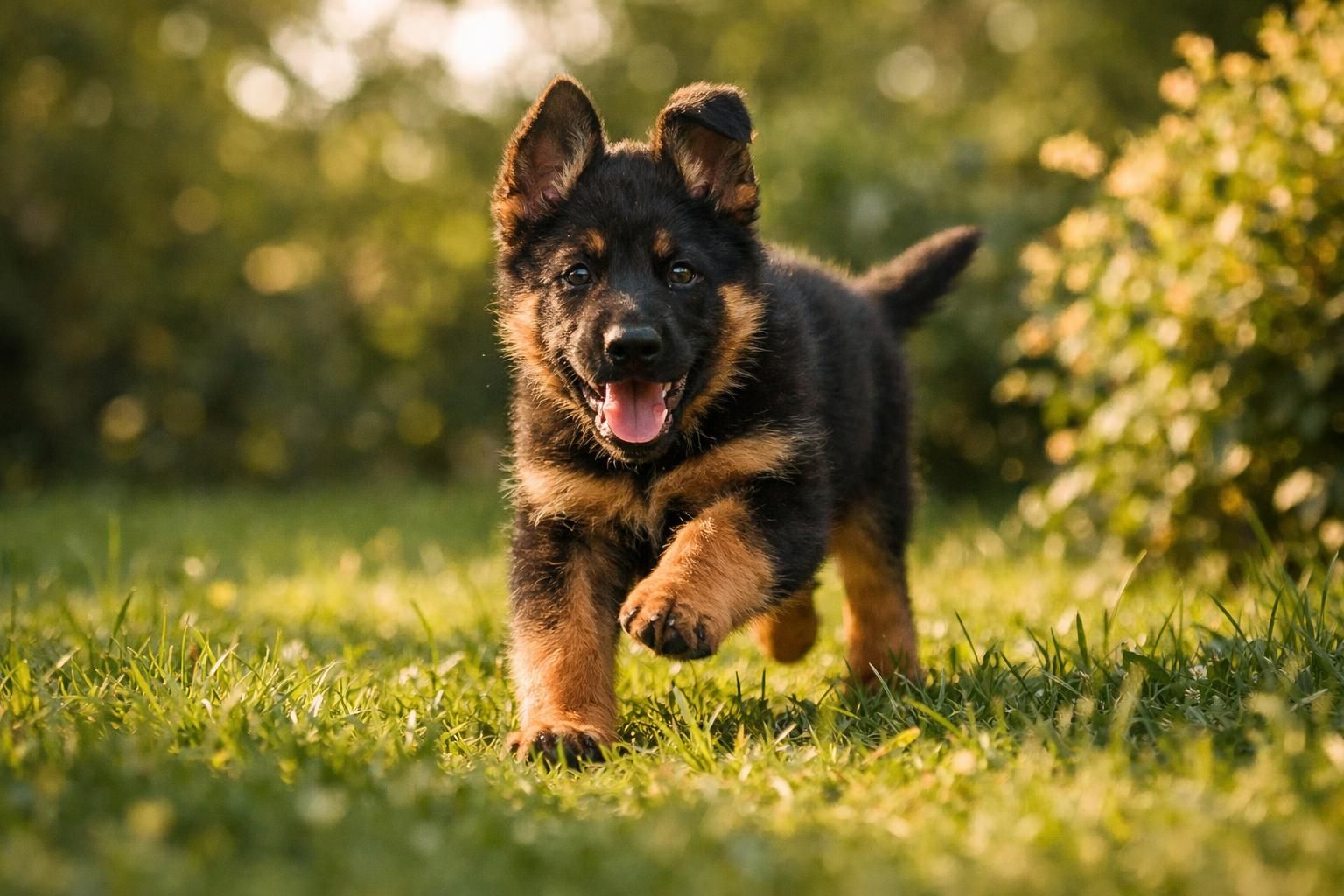 Jeune chiot berger de grande race plein de vitalité qui joue dans un jardin