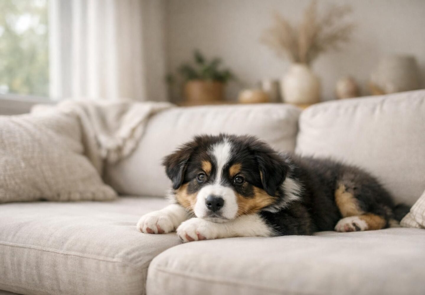 Jeune chiot en bonne santé installé sur un canapé près d'une fenêtre