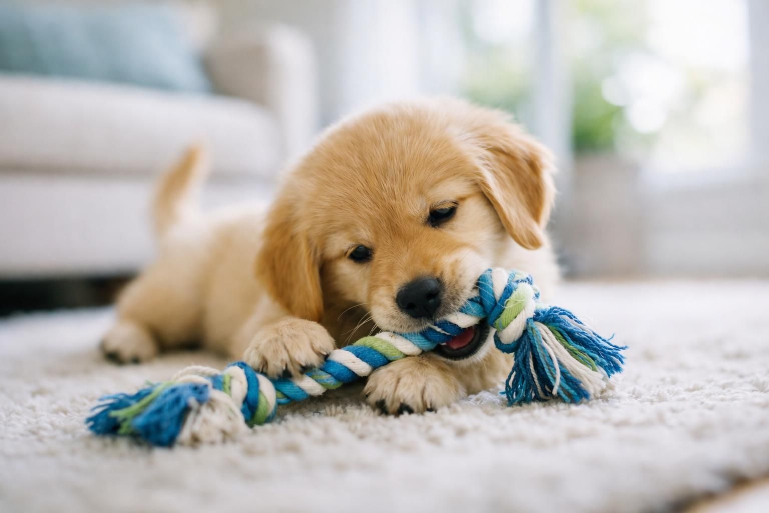 Jeune chien en croissance qui joue avec un jouet dans un salon lumineux