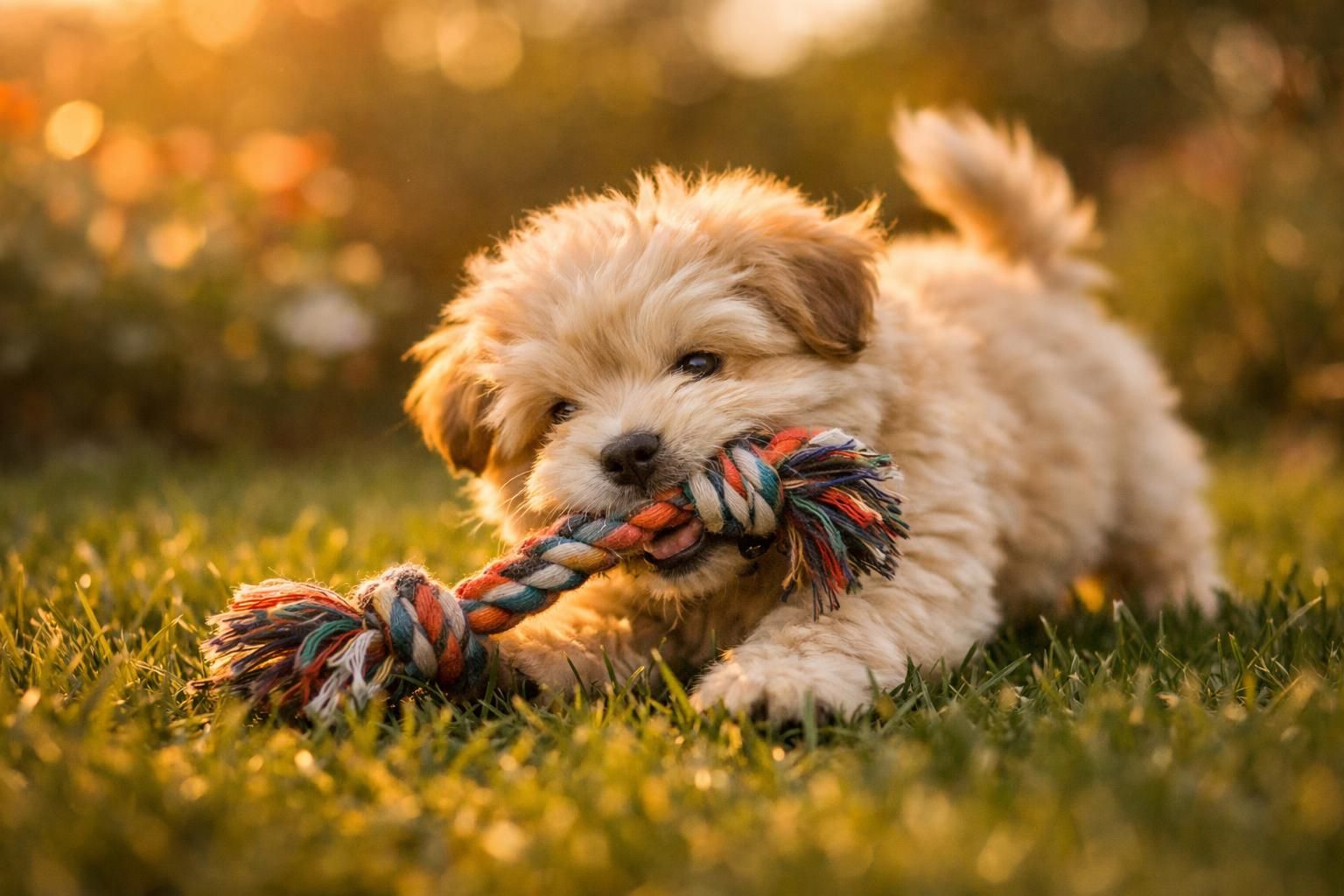 Chiot joyeux jouant avec un jouet dans un jardin
