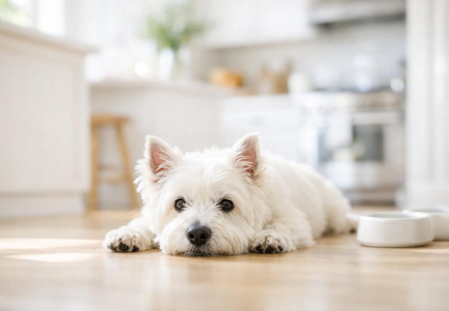 Petit chien âgé au museau grisonnant reposant dans une cuisine lumineuse