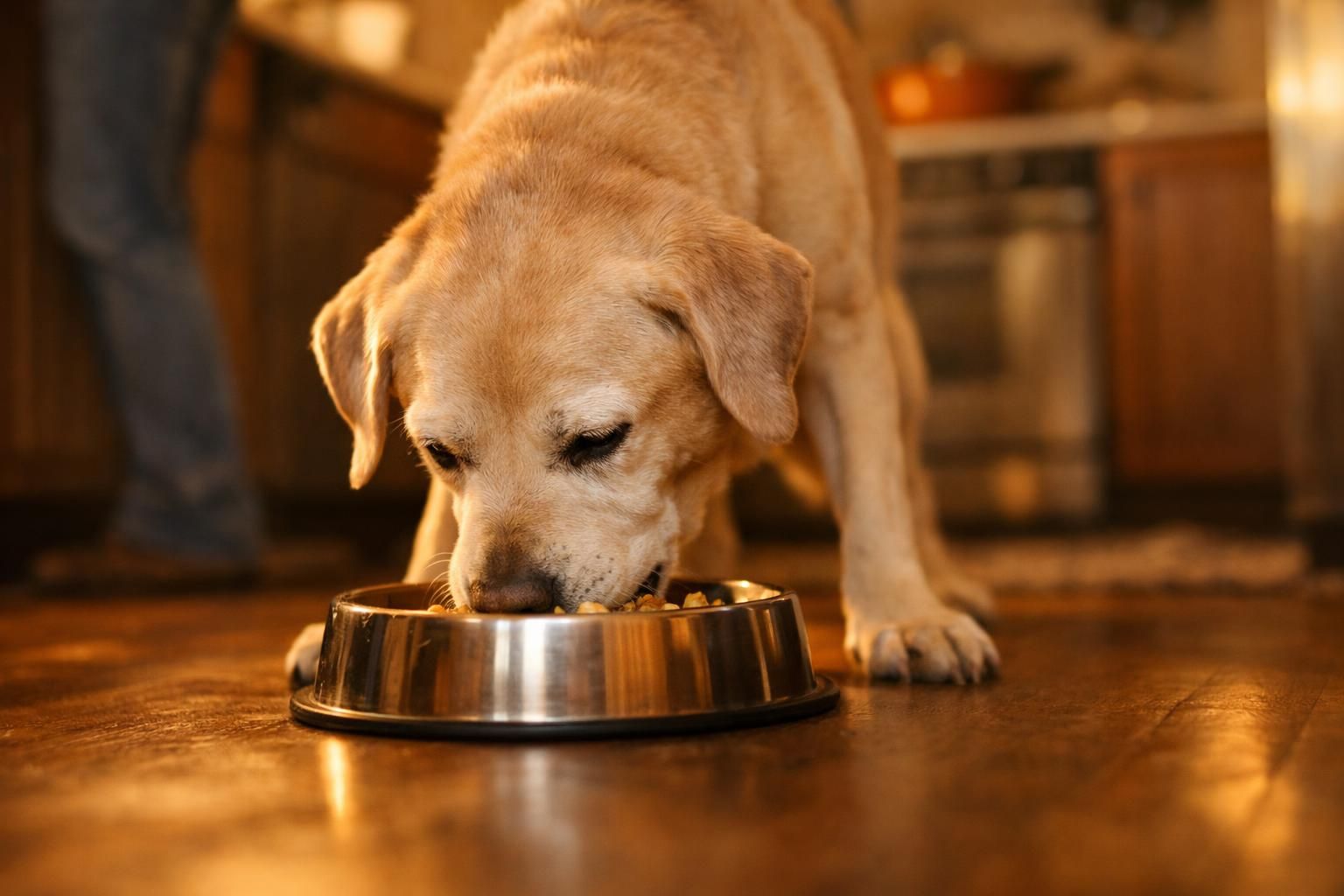 Vieux chien mangeant avec appétit sa gamelle de croquettes molles