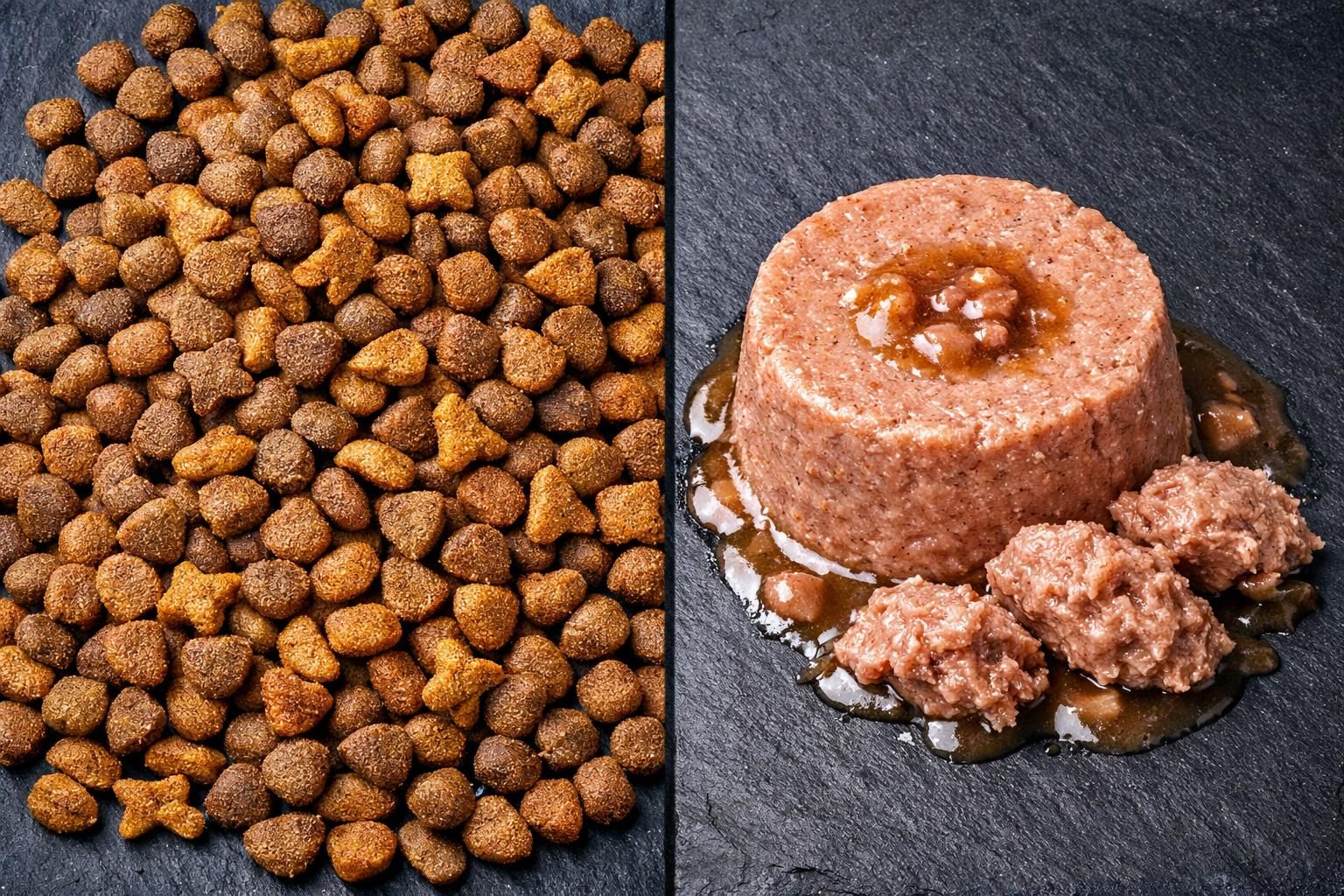 Comparatif croquettes sèches et pâtée humide pour chat vus de dessus
