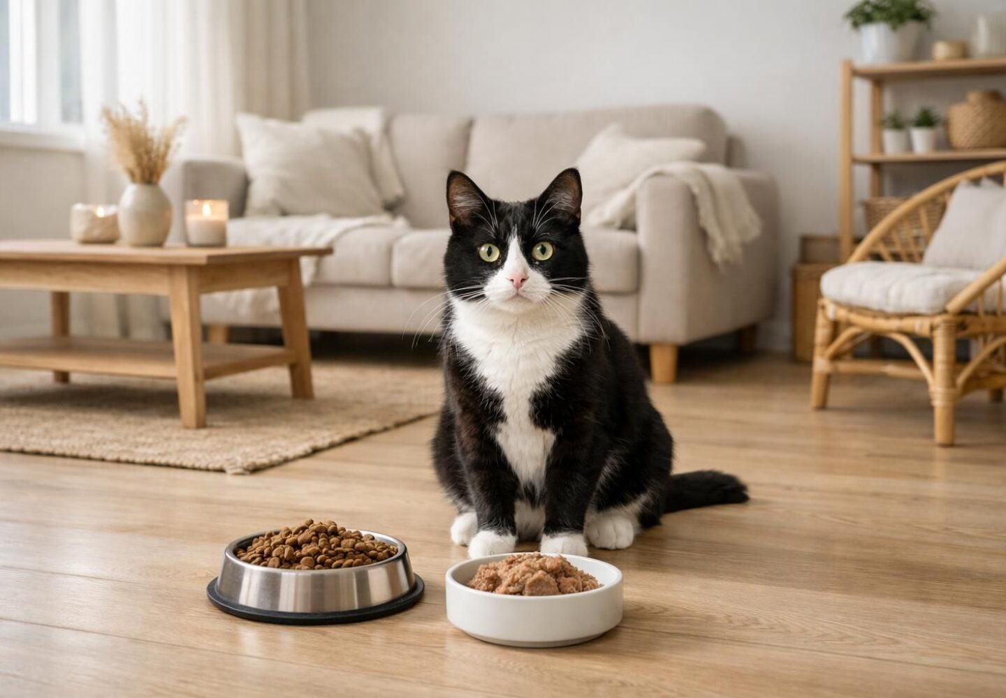 Chat noir et blanc devant deux gamelles croquettes et pâtée dans un salon